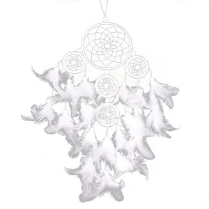 Pure white five-ring dreamcatcher wall hanging feather decor for home bedroom wedding ornament.