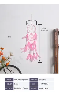 Atrapasueños de plumas rosadas decoracion colgante de pared para el hogar 11x42cm