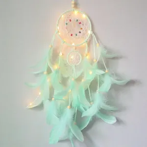 Mint green feather dream catcher with LED lights, double ring hanging decor for bedroom gifts.