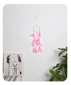 Atrapasueños rosa de doble anillo con plumas, bonita decoración de pared para el hogar.