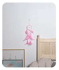 Rosa doble anillo pluma atrapasueños decoración de pared para dormitorio detalle