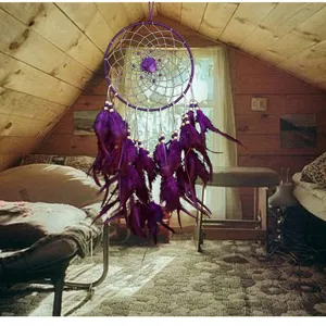 Purple feather dreamcatcher wall hanging, handmade home decor craft for bedroom and wedding party.