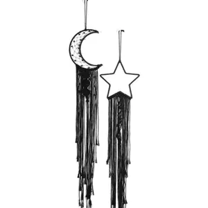 Black macrame wall hanging moon and star tapestry boho minimalist home decor for bedroom wall.