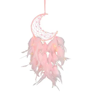 Pink moon dream catcher with led lights wall hanging cozy bedroom decor gift for friend