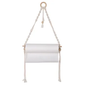 Handmade macrame paper towel holder bohemian boho bathroom tissue roll hanging rack wood.