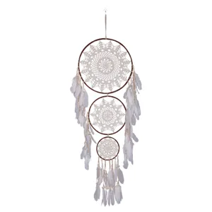 Boho 3-ring dream catcher with feathers and beads, handmade wall hanging home decor.