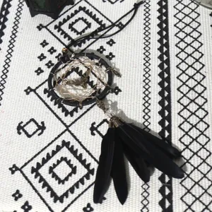 Black dreamcatcher car hanging ornament with black feathers and cute deer charm for home decor.