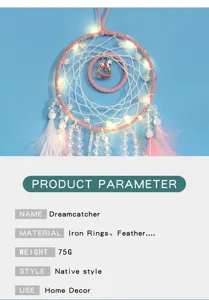 Close-up detail of the pink dreamcatcher hanging ornament featuring LED lights and feathers.