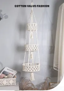 Handmade 3-tier cotton rope macrame hanging basket for plant pot, bohemian home decor.