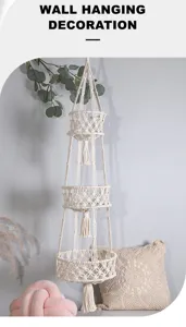 Macrame 3-tier wall hanging plant holder cotton rope woven basket for home decor.
