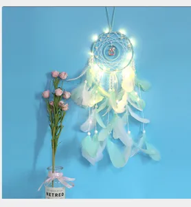 Blue dream catcher with LED lights, feather wind chime, cute girl room hanging decor.