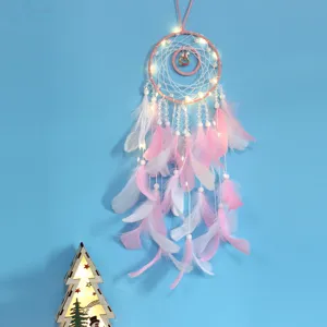 Pink double ring dream catcher with LED lights and feathers hanging wall decor ornament