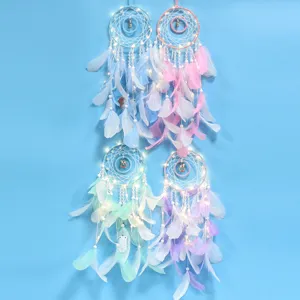 Dream catcher wind chime with LED lights, feather hanging decor for bedroom, cute girl gift.