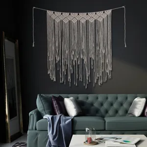 Tapiz de pared tejido bohemio para decoración del hogar, elegante macramé de crema.