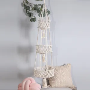 Handmade Cotton Rope Hanging Basket Tiered Woven Plant Hanger Wall Decor Tapestry Fruit Holder For Home Living Room
