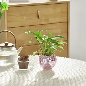 Disco Ball Planter Hanging Flower Pot With Mirror Glass Mosaic Pink Planter Basket For Indoor Home Garden Decor
