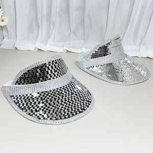 Disco mirror visor hat detail, silver sequin rhinestone empty top sun hat for summer party.