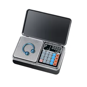 Gedetailleerd overzicht van een draagbare 6-in-1 digitale zakweegplaat met rekenmachine en bakje.