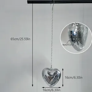 Heart shaped disco ball hanging decoration with silver chain for party room home decor mirror 16cm