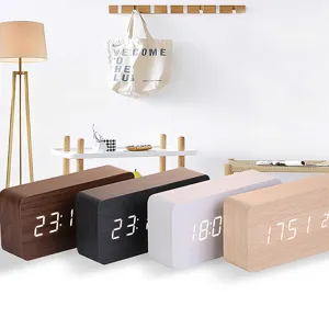 Minimalist Wooden LED Digital Alarm Clock Voice Control Mute Desktop Electronic Clock USB Battery Powered Home Decor