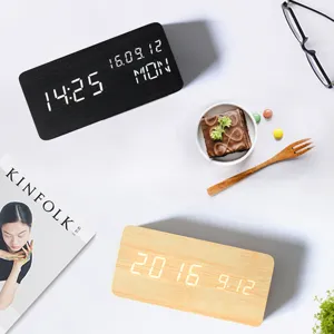 Minimalist wooden digital LED alarm clock for modern home decor, USB powered bedside clock.