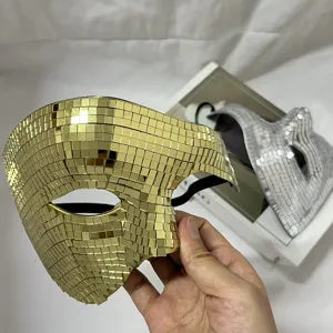 Gold disco ball mask, glittering half face mask for Halloween party and nightclub events.