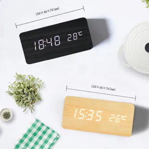 Modern wooden LED digital alarm clock with temperature display, USB and battery powered.