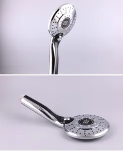 LED digital display shower head with temperature control and multi-function water output detail.