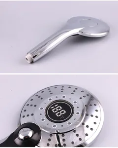 LED digital display shower head detail view showing the temperature screen and spray nozzles.