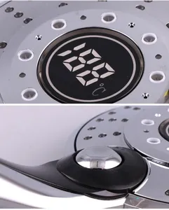 LED digital display shower head detail showing temperature indicator and silicone nozzles.