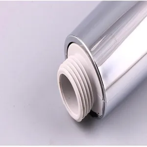 Close up detail view of shower head threaded connection part with chrome plated finish.