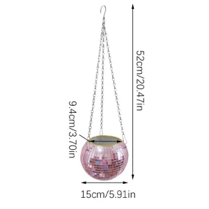 Pink disco ball hanging planter with mirror tiles, metal chain and hook for indoor plants decor.