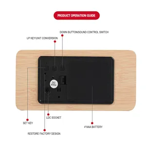 Minimalist wooden alarm clock rear detail view with functional buttons and battery compartment.
