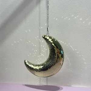 Boule a facettes lune dore suspendue pendentif pour fete retro deco reflective