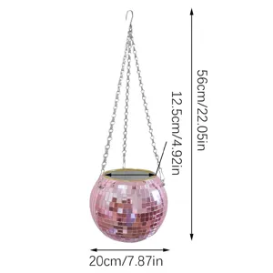 Pink disco ball hanging planter with mirror tiles, metal chain, stylish plant pot for indoor home decor.