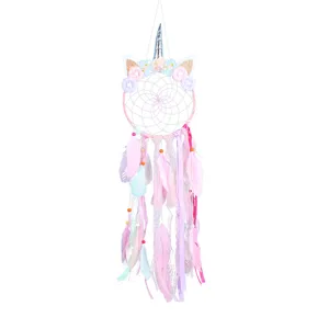 Acchiappasogni unicorno decorazione da parete appesa con piume e nastri per camera regalo.