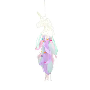 Colorful unicorn dream catcher wall hanging with pastel feathers and ribbons for room decor.