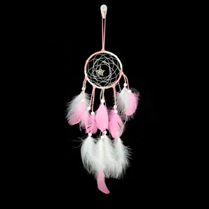 Attrape-reves mural en plumes roses avec guirlande lumineuse LED pour deco interieure.