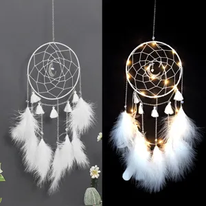 LED Light Dream Catcher Feather Moon Wall Hanging Decor Handmade Home Bedroom Living Room Decoration Ornament