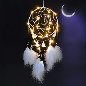 Blue feather dream catcher with LED lights, moon pendant, handmade wall hanging home decor.