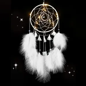 White LED light dream catcher with feathers and moon pendant for home wall decor main image