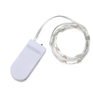 LED fairy string lights detail view, showing the transparent wire and white battery box.