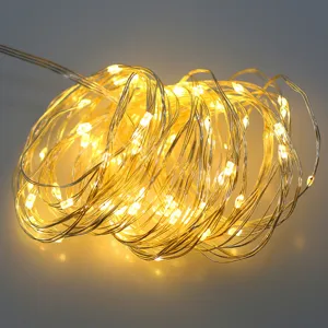 LED fairy light string detail view, warm yellow glow, delicate copper wire design for decor.