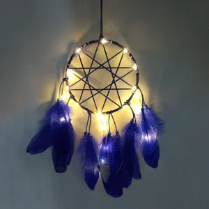 LED light up blue feather dream catcher hanging ornament with fairy string lights for room decor