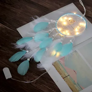 Attrape-Reves Plumes LED Fait Main Decoration Murale Chambre Bleu Clair Ornement