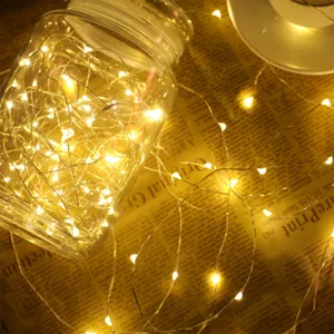 LED fairy lights detail view, warm white copper wire string lights for cozy home decor.