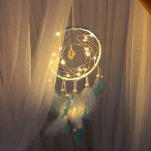Attrape-Rêves Lumineux LED Décoration Suspendue Plume Bleue Pendentif Cristal Chambre