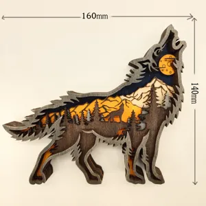 3D Multi-Layer Wooden Wolf Carving Ornament with Forest Landscape for Home Decor Gift