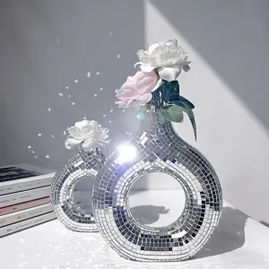Disco mirror donut vase, glass mosaic ring flower pot, vintage retro home decor ornament.