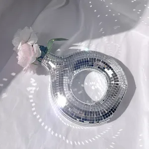 Disco ball mirror donut vase, trendy retro silver mosaic flower pot for home decor.
